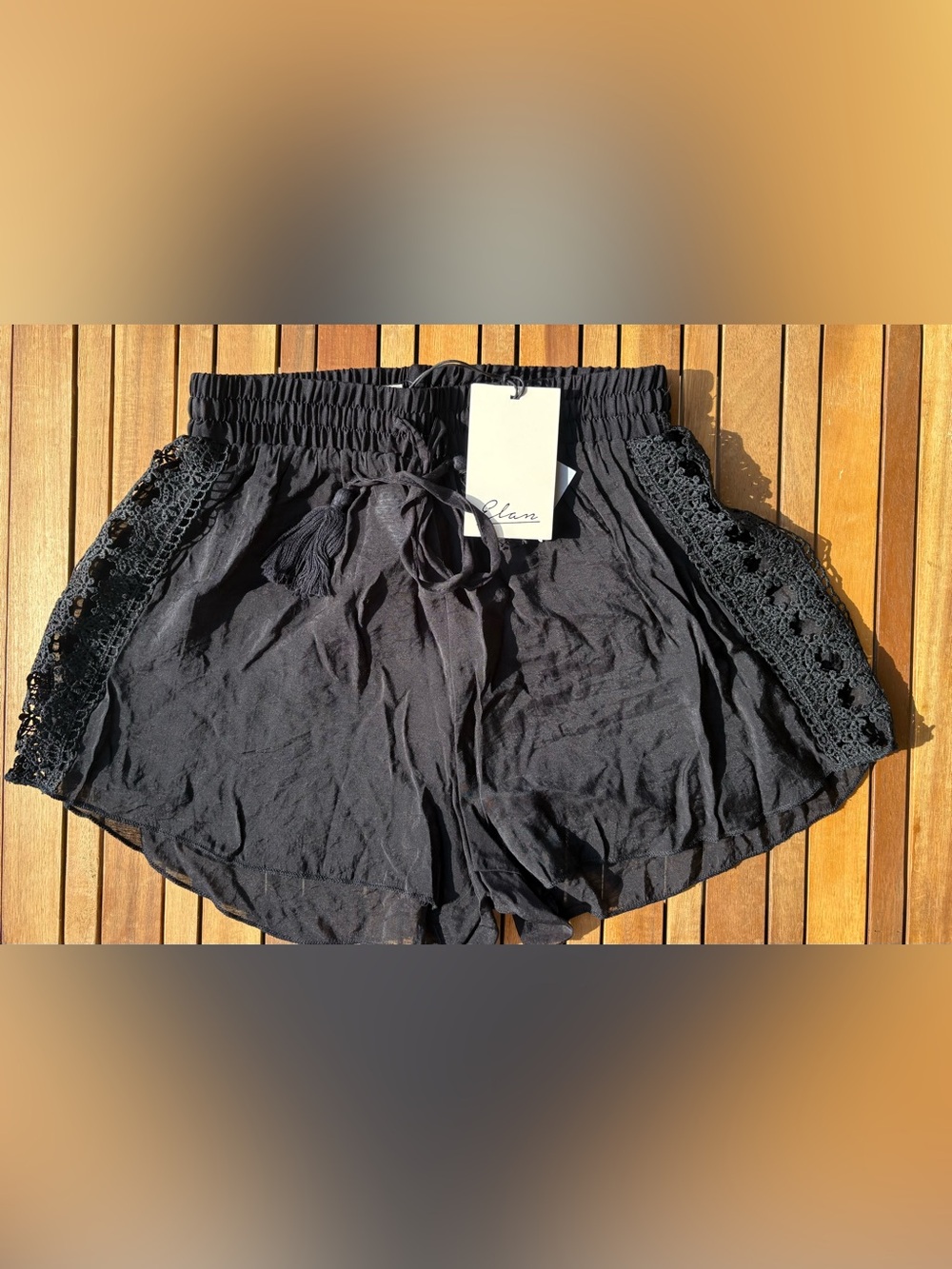 SMALL NWT ELAN Black Crochet-Trim Swimsuit Coverup Shorts lightweight tassel